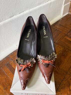 Prada Brown Leather Pointed-Toe Pumps with Oak Olive and Orange Embellishments